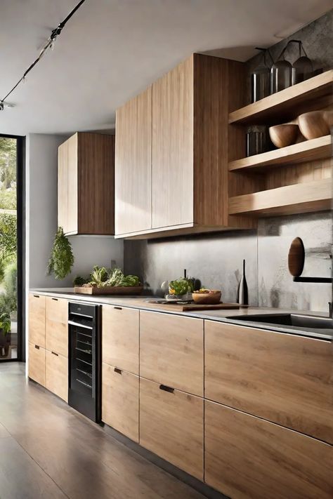 A kitchen showcasing energyefficient appliances surrounded by cabinetry and countertops made from_resized Walnut Kitchen Cabinets Concrete Floor, Canadian Kitchen Design, Natural Wood Kitchen Cabinets Gray Floor, Modern Kitchens With Wood Cabinets, Light Wood And Grey Kitchen, Quartz Kitchen Countertops Wood Cabinets, Modern Wood Kitchen Design, Walnut Wood Texture Interior Design, Kitchen Design 2025