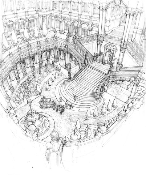 Opera In Paris, Chen Xiao, Fantasy Worlds, Architecture Design Sketch, Perspective Art, Architecture Drawing Art, Architectural Drawing, Grand Staircase, Architecture Sketch