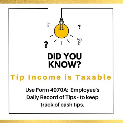 Tips are taxable income, so you are required to report all tips you receive as income on your tax return. We got you with: Tax Preparation Business Bookkeeping QuickBooks Training Contact Us! 📲 Spartanburg SC - 864-375-4500 Jacksonville FL - 904-990-5050 info@goldenappleagencyinc.com www.goldenappleagencyinc.com #goldenappleagencyinc #tanyaakimenko #quickbooksproadvisor #businesswoman #taxservices #bookkeeping #businesstax #taxandaccountingservices #taxes #businesstips #PersonalTax Know Your Worth Then Add Tax, 1099 Tax Deductions, The Tax Collector, Tax Memes, Business Bookkeeping, Daily Record, Tax Services, Tax Credits, Spartanburg Sc