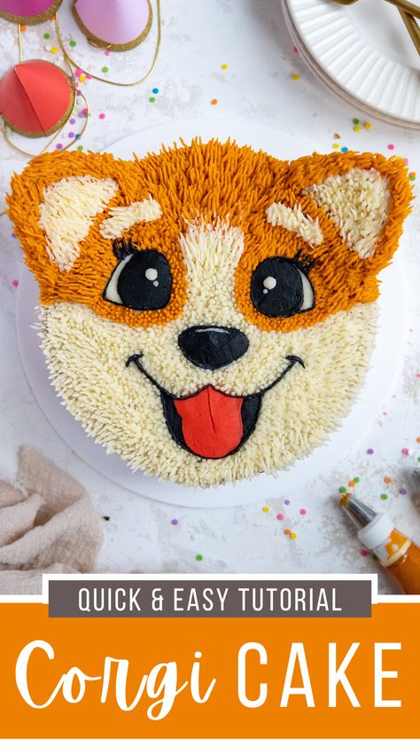 Cake Decorated Like A Dog, Cute Animal Birthday Cake, Dog Cake Design Ideas Simple, Corgi Cake Ideas, Corgi Birthday Cake, Dog Shaped Birthday Cake, Simple Dog Cake Design, Puppy Birthday Cake For Kids, Puppy Cakes For Kids