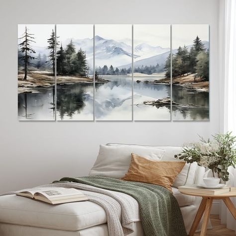 Designart "Green Blue Minimalism Forest Silent Reflection" Landscapes Multipanel Canvas Print set - On Sale - Bed Bath & Beyond - 39630222 Canvas Over Bed, Ranch Family, Den Ideas, Watercolor Landscapes, Watercolor Ideas, Stylish Living Room, Bedroom Green, Landscape Walls, Landscape Canvas