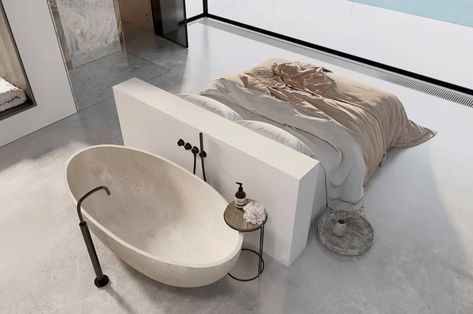 Bedroom With Bathtub, Tranquil Bathroom, Modern White Bathroom, Open Bathroom, Bedroom With Bath, Minimal Bedroom, Zen Space, Free Standing Bath, Bath Tub