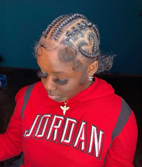 Feed Ins Designs, Feedin Bun Braids, Straight Backs With Design Braids Bun, Straight Back Feed In Braids Into Bun With Curls, Straight Back Feed In Braids With Design In Bun, Feed In With Heart, Freestyle Stitch Braids With Bun, Straight Backs With Design, 6 Feed In Braids Hairstyles With Design