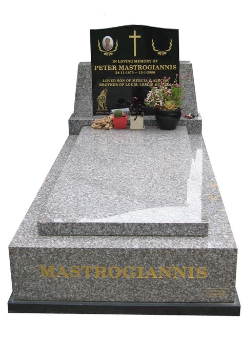 Memorial Headstone over Full Monument – Mastrogiannis – Fully polished memorial headstone over full monument created in Oceanic Grey and Royal Black Indian Granite for Mastrogiannis and installed at Springvale Botanical cemetery. #Headstone #Headstones #Gravestones #Gravestone #Gravemarkers #Memorials #Cameomemorials #memorialsmonuments #headstonesmemorials #beautifulmemorials #cemeterymonuments #fullmonuments #headstoneandbases #stonemasonsmelbourne #memorialheadstones #headstoneincriptions Grave Design Ideas Modern, Grave Design Ideas, Grave Design, Taylor Stone, Grave Monuments, Tombstone Designs, Cemetery Monuments, Grave Flowers, Black Indians