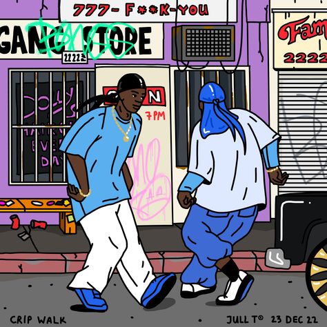 The Crip Walk, also known as the C-Walk, is a dance move that was created in the 1970s by first generation Crip member Robert "Sugar Bear" Jackson, and has since spread worldwide. The dance is primarily an act of performing quick and intricate footwork. Gangsta Illustration, Gangsta Dance, Hip Hop Graphic Design, Hiphop Illustration, Crip Walk, 80s Hiphop, Clown Walk, Hip Hop Illustration, Gangsta Walking