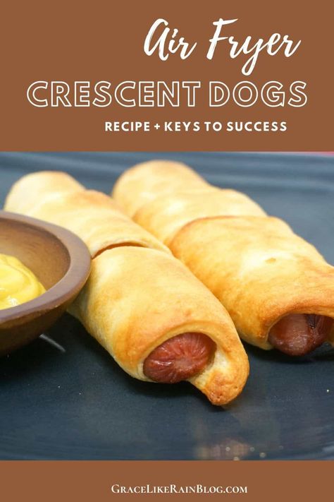 Air Fryer Crescent Dogs are a fun little snack or quick meal that are a detour from your normal Hot Dogs with buns. They cook up in just minutes in the Air Fryer. | Hot Dogs Wrapped in Crescent Rolls | Air Fried Crescent Hot Dogs | Crescent Rolls around Hot Dogs Air Fryer | #AirFryer #EasySnacks #EasyMeals #CrescentRolls #HotDogs Air Fryer Crescent Roll Hot Dogs, Hot Dog Crescent Rolls Air Fryer, Croissant Wrapped Hot Dogs, Airfryer Croissant, Crescent Roll Hot Dogs, Appetizer Foods, Airfryer Snacks, Airfryer Food, Hot Dog Crescent Rolls