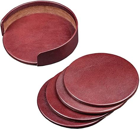 Amazon.com: Dacasso Mocha Leather 4-Round Coaster Set: Home & Kitchen Leather Coaster Set, Leather Inlay, Leather Coaster, Leather Tray, Round Coasters, Leather Coasters, Bar Tools, Leather Work, Top Grain Leather