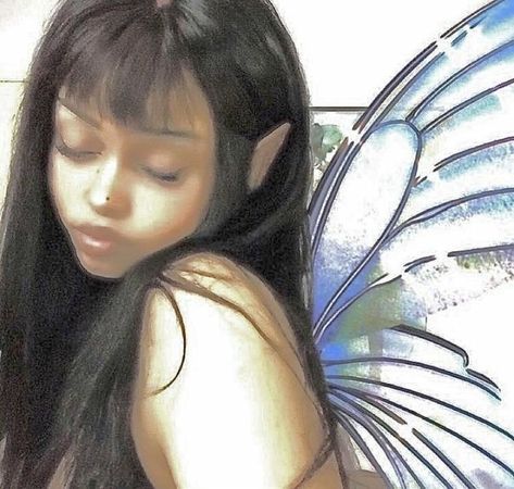 black girl with long black hair, pointed elven style ears, with an overexposed filter, with fairy wings. Grunge Fairycore, Fairy Aesthetic, Fairy Wings, Forest Fairy, Grunge Hair, Instagrammer, Grunge Aesthetic, Mode Vintage, A Butterfly