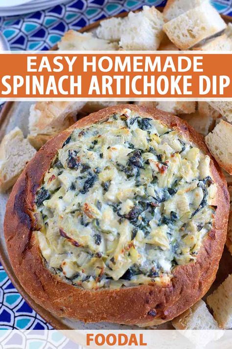 Homemade Spinach Artichoke Dip, Crabby Snacks, Spinach Dip Bread Bowl, Easy Spinach Artichoke Dip, Bread Bowl Dip, Spinach Artichoke Dip Easy, Tailgate Treats, Hot Spinach Dip, Cob Loaf