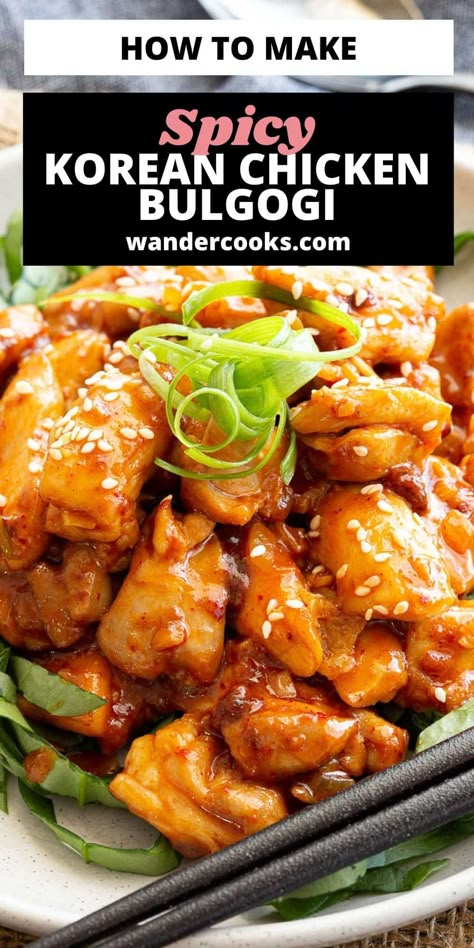 Chicken bulgogi (dak bulgogi) is one of the easiest Korean BBQ style dishes you can make at home. Just marinate and fry! Think tender chicken thighs coated in a spicy gochujang based sauce and fried to juicy perfection in 15 minutes. Ready to turn up the heat? Korean Style Bbq Chicken, Bulgogi Recipe Chicken, Dak Bulgogi Recipe, Spicy Chicken Bulgogi, Dak Bulgogi, Chicken Bulgogi, Spicy Korean Chicken, Recipes Korean, Korean Bbq Chicken