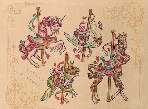 Carousel Tattoo, Flash Sheet, Carousel Horse, D Love, Horse Tattoo, Carousel Horses, Baby Tattoos, Cute Patterns Wallpaper, Ink Illustrations