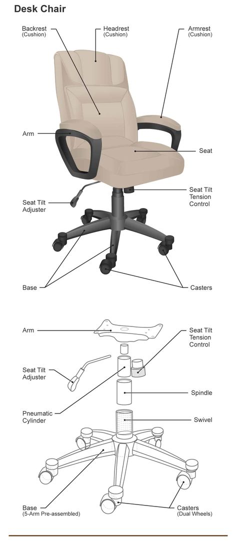 Diagram illustrating the different parts of a desk chair Office Chair Base, Comfy Office Chair, Best Home Office Desk, Chair Parts, Caster Chairs, Swivel Office Chair, Wooden Desk, Task Chair, Cool Chairs