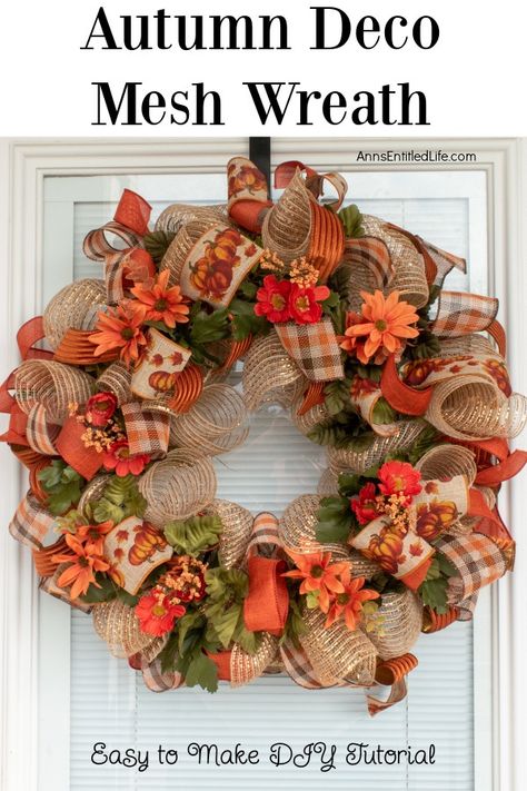 Autumn Deco Mesh Wreath | Easy to Make DIY Tutorial. With this simple DIY tutorial, you can create a stunning autumn deco mesh wreath. It's perfect for adding a festive touch to your home decor this fall season. Thanksgiving Wreaths For Front Door Mesh, Thanksgiving Wreath Deco Mesh, How To Make A Mesh And Ribbon Wreath, Fall Wreaths With Burlap, Diy Mesh Ribbon Wreath, Wreath Made With Mesh, Wire Wreath Diy Deco Mesh, Burlap Mesh Wreaths Diy, Mesh Turkey Wreath Diy