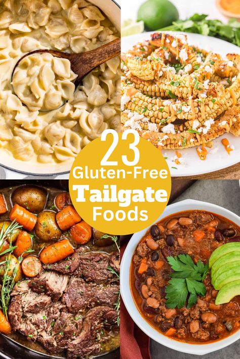 A collage with 4 different gluten free tailgate recipes. Gluten Free Tailgating Food, Gf Tailgate Food, Gluten Free Game Day Food, Gluten Free Tailgate Food, Gluten Free Football Party Food, Talegate Food, Tailgate Food Cold, Tailgate Food Ideas, Football Season Food