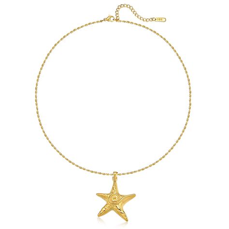 PRICES MAY VARY. Elegant Starfish Design - This gold starfish pendant necklace for women features a stunning spiral starfish motif, symbolizing serenity, guidance, and beauty from the sea. The large sea star pendant is beautifully crafted, showcasing the details of the starfish's unique shape and texture, making it a stunning centerpiece High-Quality Material - Make a bold statement with this exquisite sea animal pendant necklace. The unique starfish design is crafted from high-quality 316L stai Starfish Gold Necklace, Beach Gold Jewelry, Saint Marteen, Beachy Necklaces, Beachy Necklace, Gold Star Pendant, Starfish Design, Pentagram Necklace, Beachy Jewelry