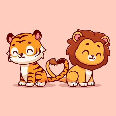 Cute Lion Drawing, Tiger Couple, Lion Valentine, Nature Icon, Animals Drawing, Tiger Drawing, Cartoon Tiger, Lion Illustration, Lion Drawing