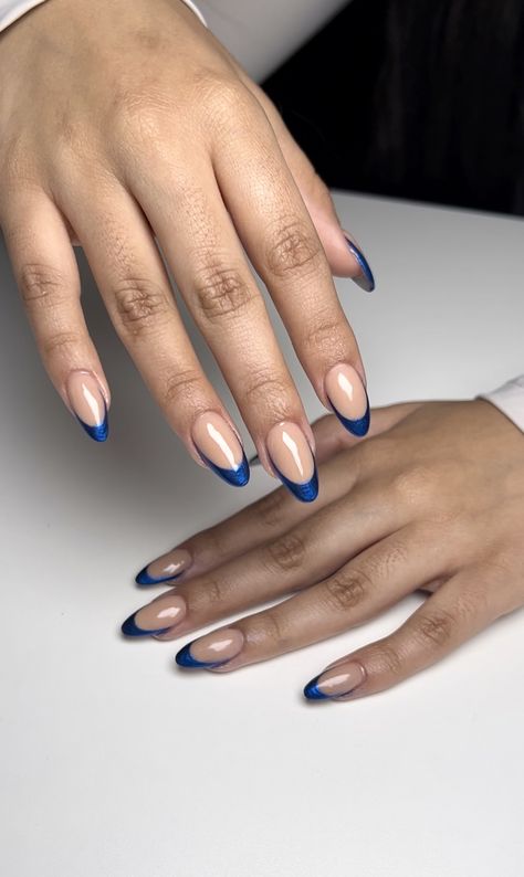 Sparkly Blue French Tip Nails Almond, Navy Blue Chrome Nails French Tip, Dark Blue Glitter French Tip Nails, Almond Biab Nails Designs, Navy Blue Chrome French Tip Nails, Navy Chrome French Tip Nails, Dark Blue Chrome Nails French Tip, Dark Blue French Tip Nails Almond, Chrome Blue French Tip