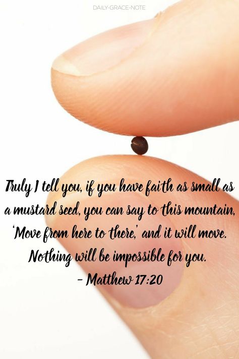 Truly I tell you, if you have faith as small as a mustard seed, you can say to this mountain, ‘Move from here to there,’ and it will move. Nothing will be impossible for you - Matthew 17:20 If You Have Faith As A Mustard Seed, Mustard Seed Verse, Faith Of A Mustard Seed Quote, Faith As Small As A Mustard Seed, Mustard Seed Faith Quote, Matthew 17:20, Faith Of Mustard Seed, Faith Like A Mustard Seed, Faith Mustard Seed