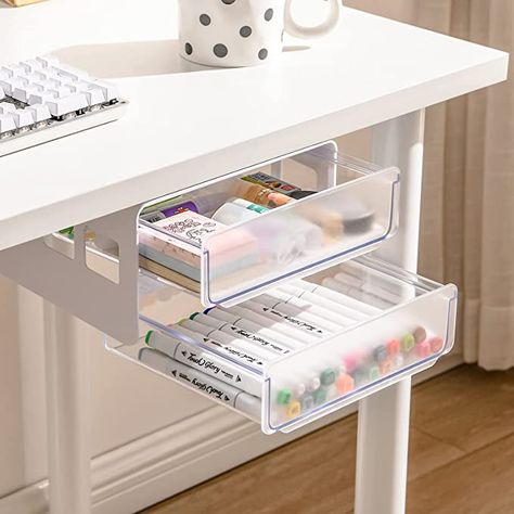 Under Table Drawer, Study Desk Organization, Luxury Dorm Room, Under Desk Drawer, Desk Drawer Organizer, College Dorm Room Inspiration, Dorm Desk, Under Desk Storage, Organized Desk Drawers