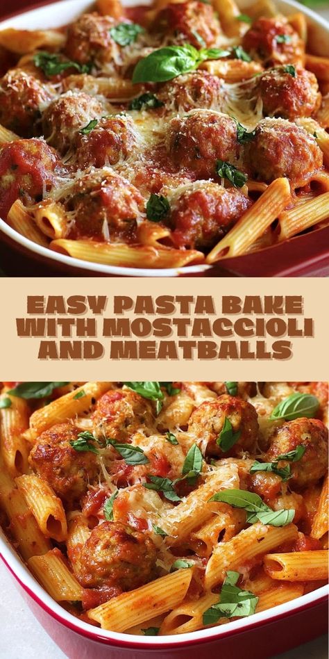 This Easy Pasta Bake with Mostaccioli and Meatballs is the ultimate comfort food! 🧀🍝 Loaded with cheesy goodness, tender pasta, and savory meatballs, this one-pan dish is perfect for family dinners or gatherings. It’s a crowd-pleaser that’s simple to prepare, making it great for busy weeknights. Just layer, bake, and enjoy a hearty, satisfying meal everyone will love! #PastaBake #EasyDinners #ComfortFood #FamilyMeals #CheesyPasta #OnePanMeals 🍝🧀 Easy Baked Mostaccioli, Pasta Bake With Meatballs, Baked Mostaccioli Recipe, Mostaccioli Recipe, Meatball Pasta Recipes, Mostaccioli Pasta, Easy Pasta Bake, Pasta And Meatballs, Baked Mostaccioli