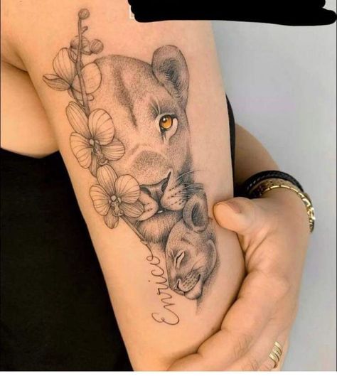 Mother Animal Tattoo Ideas, Mama Lion And Cubs Tattoo Sleeve, Tattoos For My Son, Mom And Son Tattoo Ideas, Lioness And Cub Tattoo, Cub Tattoo, Tattoo Writing Fonts, Tattoo Designs With Meaning, Arrow Tattoos For Women