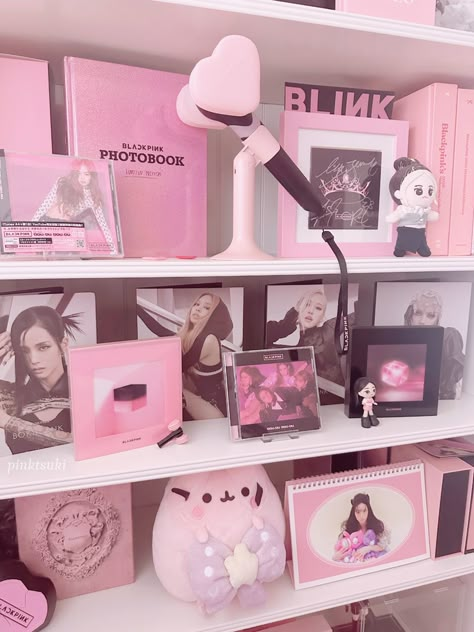 Blackpink Shelf 🫶 #blackpink #blackpinkmerch #blackpinkcollection #kpop #kpopmerch #blackpinkalbum #kpopalbum #jisoo #jennie #rosé #lisa #pink #pinkroom #kpoproom #blackpinkroom #merchdisplay #merch #merchandise #collector Blackpink Room Ideas, Blackpink Shelf Ideas, Blackpink Bedroom, Blackpink Room Decor, Blackpink Bedroom Decor, Blackpink Themed Room, Blackpink Shelf, Blackpink Bedroom Aesthetic, Blackpink Items