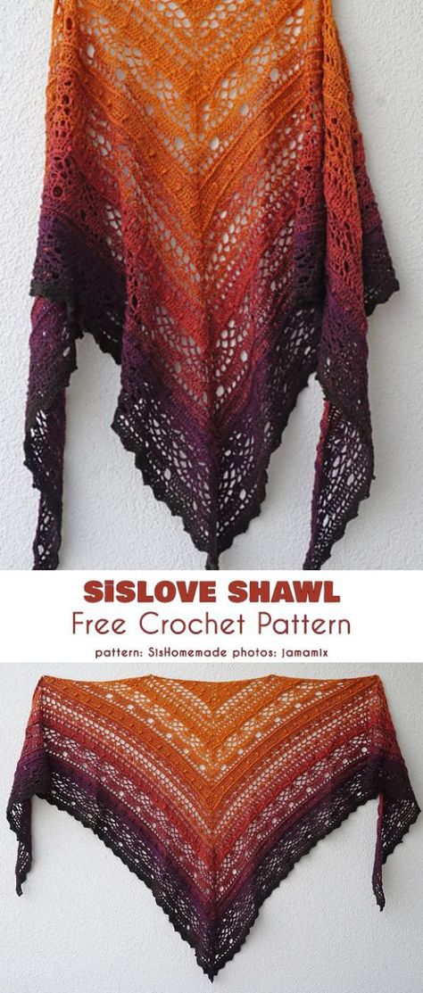 SISLove Shawl Free Crochet Pattern One Skein Crochet, Crochet Shawl Free, Poncho Crochet, شال كروشيه, Crochet Shawl Pattern Free, Handmade Yarn, Mode Crochet, Crochet Triangle, Crochet Shawls And Wraps