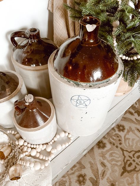 Large Crock Decorating Ideas, Antique Crocks Decor Ideas, Crock Decorating Ideas, Large Crock, How To Make Whiskey, Jug Decor, Antique Stoneware Crocks, Antique Jug, Antique Crocks