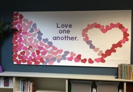 Love one another. #love #valentinesdaydecor Valentines Classroom Door, February Bulletin Boards, Valentine Bulletin Boards, Kindergarten Bulletin Boards, Christian Bulletin Boards, Work Bulletin Boards, Diy Bulletin Board, Valentines Day Bulletin Board, School Door Decorations