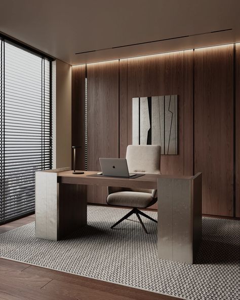 Workplace for a man using metal Boss Table Design, Private Office Interior, Private Office Design, Fun Office Design, Office Decor Workplace, Minimal Office, Workstations Design, Ceo Office, Productive Work