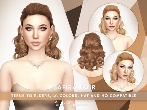 Safira Hair Sims4 Cc Hair, Half Up Ponytail, Hair With Curls, Up Ponytail, Cc Hair, Night Hairstyles, Hair Half Up, Sims 4 Game Mods, Hair Pack