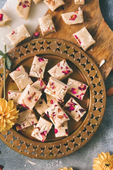 White Chocolate Almond Barfi with VIDEO - Playful Cooking Indian Mithai Photography, Eid Recipe Ideas, Mithai Platter, Chocolate Mithai, Diwali Chocolates, Badam Barfi, Sharad Poornima, Eid Desserts, Eid Treats