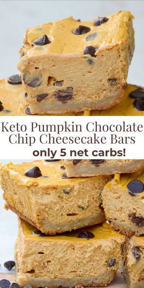 Keto Pumpkin Chocolate Chip Bars, Low Carb Pumpkin Chocolate Chip Bread, Keto Pumpkin Brownies, Keto Pumpkin Cheesecake Bars, Keto Pumpkin Cheesecake, Keto Favorites, Chocolate Chip Cheesecake Bars, Healthy Low Carb Snacks, Pumpkin Cheesecake Bars