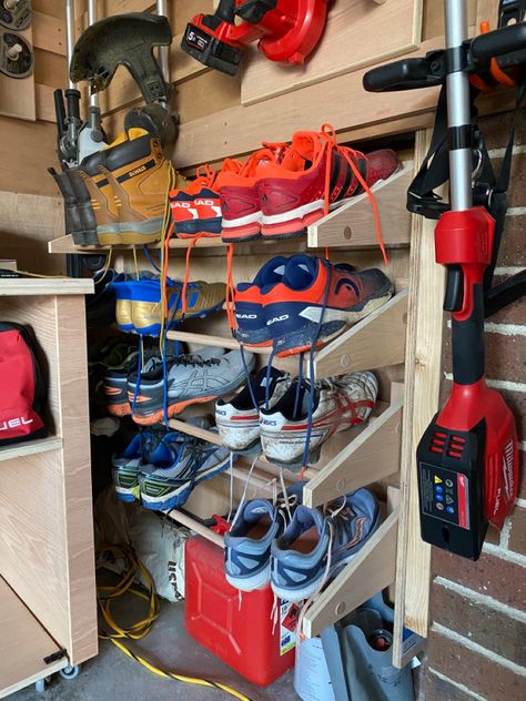 French Cleat Shoe Rack, Cleat Storage, French Cleat Storage, French Cleats, Dirty Shoes, Shoe Storage Rack, Shoes Storage, French Cleat, Cleats Shoes