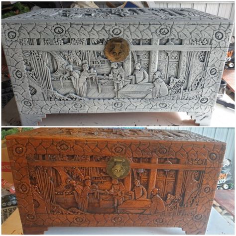 Camphor Chest Makeover, Restore Trunk Chest, Painted Camphor Chest, Refinish Old Trunk, How To Restore Old Steamer Trunk, Antique Steamer Trunk Restoration, Chest Makeover, Chest Ideas, Mosaic Furniture