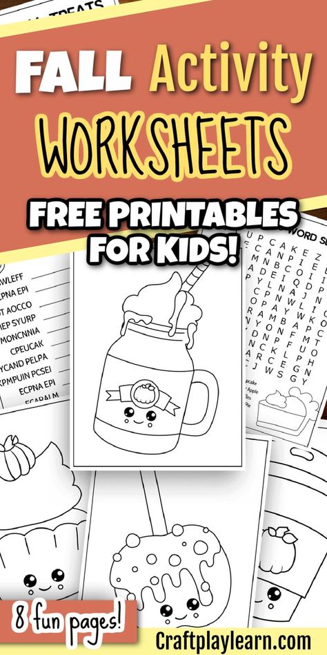 Fall is here! Let's teach our toddlers about this amazing season with these FREE printable fall activity worksheets from Craft Play Learn. There are many opportunities to teach your toddler about Autumn with these eight fun activity sheets. Download them, and let's get started! Activity Worksheets For Kids, Thanksgiving Activities Preschool, Fall Preschool Activities, Fall Activity, Thanksgiving Activities For Kids, Toddler School, Library Activities, Autumn Activities For Kids, Fall Preschool