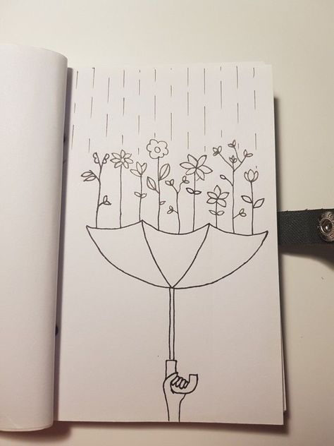 DoodlesSimpleFlowersUmbrella April Drawings Easy, Spring Sketches Simple, Rain Related Drawings, Rain Drawing Sketches Easy, Umbrella And Flowers Tattoo, Umbrella Flower Tattoo, Simple Spring Drawings, Rainy Day Doodles, Easy Spring Doodles