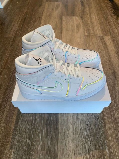 Iridescent Shoes, Air Jordan Retro 1, Air Jordans Women, Custom Shoes Diy, Nike Shoes Girls, Jordan Shoes Girls, Jordan Retro 1, 3m Reflective, Nike Shoes Jordans