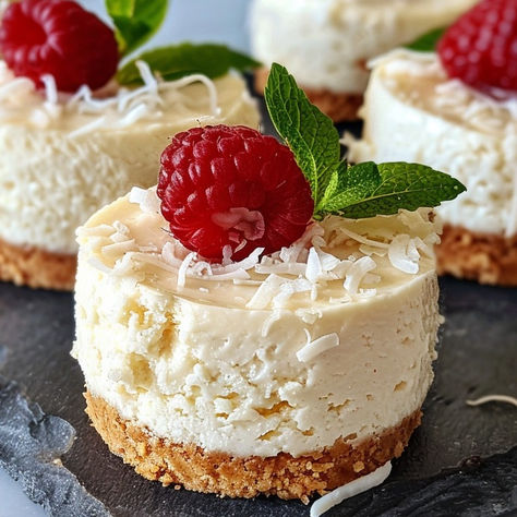 Treat yourself to these Coconut Milk Mini Cheesecakes, where every bite is a tropical delight topped with the sweetness of raspberries! Strawberry Coconut Cheesecake, Coconut Cheesecake Bites, No Bake Coconut Cheesecake, Mini Coconut Cheesecakes, Cheesecake Coconut, Mini Pineapple Condensed Coconut Milk Cheesecakes, Tropical Cheesecake Recipes, Cool Whip Desserts, Lemon Cheesecake Recipes