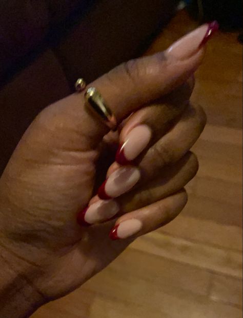 oval shape red french tips with a beige colored base Almond Coloured Tip Nails, Fall Nail Designs Oval, Oval Nails Red French, Red French Tip Black Women, Dark Red Oval Acrylic Nails, Acrylic Nails Colour Ideas, Red Wine French Tip Nails, Red And Beige Nails, Wine French Tip Nails