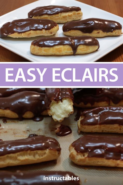 Easy Eclair Recipe, Easy Eclairs, How To Make Eclairs, Chocolate Eclair Recipe, Chocolate Eclairs, Eclair Recipe, Chocolate Eclair, Oreo Brownies, Custard Filling