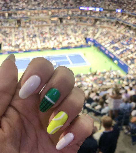 Tennis Inspired Nails, Us Open Tennis Nails, Tennis Nail Art, Tennis Nails Designs, Sports Nails Designs, Wimbledon Nails, Tennis Nails, Open Outfits, Sports Nail Art