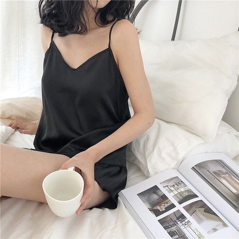 Korean Pajamas, Silky Camisole, Pajamas Aesthetic, Simple Frocks, Black Pajamas, Cute Sleepwear, Cute Pajama Sets, Pajama Dress, Night Suit