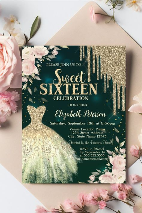 Gold Glitter Drips,Dress,Floral Green Sweet 16 Invitation
Elegant gold dress, flowers, and gold glitter drips on a green background! #birthday #happybirthday #birthdaycards #birthdayparty #turningsixteen #16thbirthday #sweetsixteen #floral Sweet 16 Invitation Ideas Green, Sweet 16 Princess And The Frog Invitations, Sweet 16 Green And Gold Theme, Green And Gold Sweet 16, Sweet 16 Ideas Themes, Elegant Gold Dress, Green Sweet 16, Sweet 16 Party Planning, Princess Sweet 16