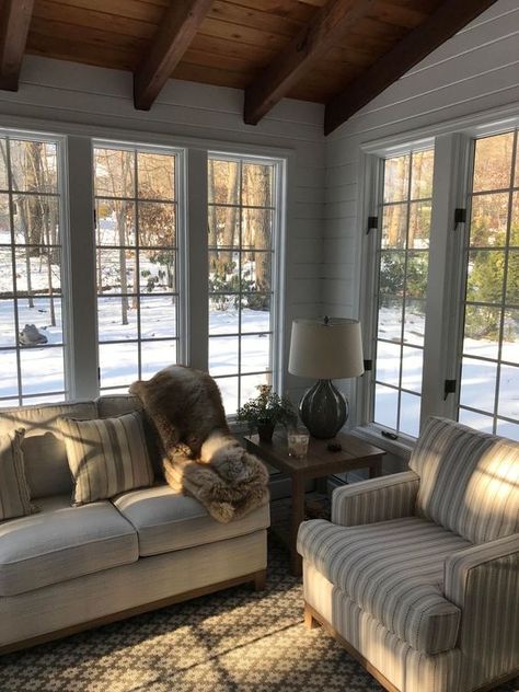 All Season Room Addition Farmhouse, Sunroom Addition Off Kitchen Cozy, 4 Season Porch Ideas Farmhouse, Four Season Sunroom Farmhouse, New England Sunroom, 4 Season Sunroom Ideas Farmhouse, Craftsman Sunroom Ideas, Sunroom Living Room Ideas, Living Room And Sunroom Combo