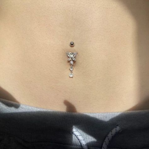 Belly Button Rings Butterfly, Belly Ring Butterfly, Percinings Ideas Belly, Piercing Ideas Belly, Belly Button Per Icing, Crystal Belly Button Ring, Dangling Belly Button Piercing, Surgical Steel Belly Button Rings, Belly Bottom Ring