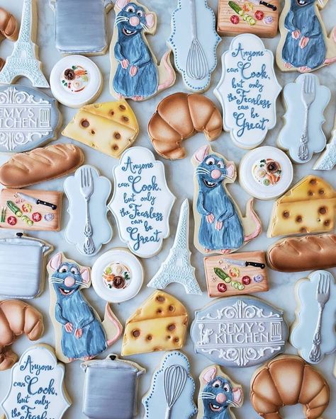 Talented Cookiers on Instagram: “Love it ! • @jessievirginia Ratatouille cookies for the most amazing birthday party yesterday. Happy Birthday, Amelia!  #decoratedcookies…” Happy Birthday Amelia, Ratatouille Birthday Party, Ratatouille Birthday, Decorated Food, Pixar Party, Ratatouille Disney, Realistic Cakes, Chef Party, Disney Cookies