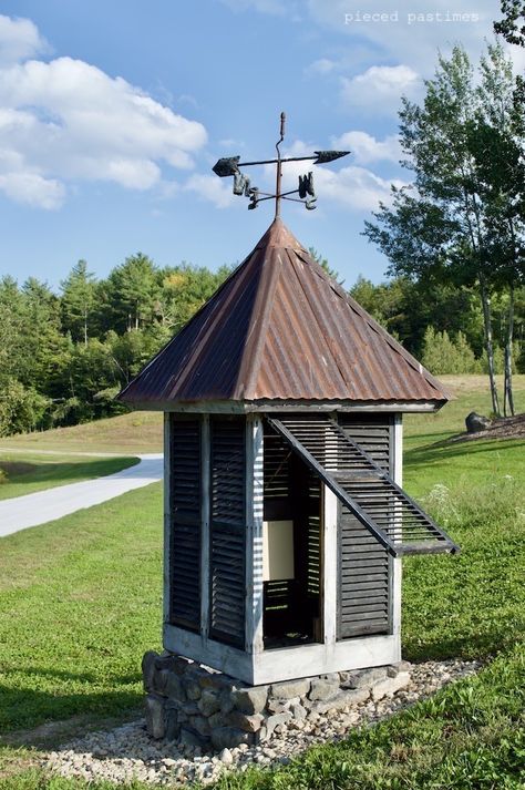 DIY vintage cupola with tin roof and shutters by Pieced Pastimes, featured on New Upcycled Projects to Make 595 Cupola Garden Ideas, Diy Cupola, Well House Ideas Buildings, Cupolas On Barns, Cupola Ideas, Barn Cupola, Rustic Shed, Vintage Shutters, Roof Cap