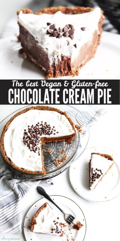 Creamy and silky, this Vegan Chocolate Dream Pie is a chocolate lovers dream! Made with an easy homemade pudding layered inside a cookie crust and topped with sweetened coco whip and chocolate chips. This Chocolate Cream Pie is PERFECT in so many ways. #chocolatepie #chocolatecream #veganchocolate #glutenfreecreampie #dairyfreecreampie #nutfreecreampie Dream Pie, Vegan Pies Recipes, Chocolate Pie With Pudding, Homemade Pudding, Chocolate Cream Pie, Vegan And Gluten Free, Dairy Free Dessert, Chocolate Pies, Cookie Crust