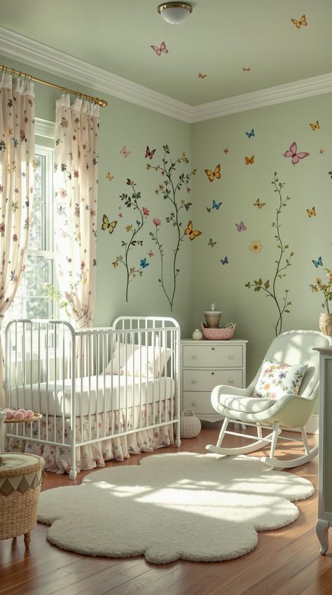 Nursery Room Ideas Fairy Garden Nursery Baby Girl, Secret Garden Themed Nursery, Nursery Ideas Fairytale, Butterfly Baby Nursery Ideas, Pastel Color Nursery, Fairy Princess Nursery, Baby Girl Nursery Fairy Theme, Woodland Fairy Nursery Theme, Butterfly Girl Nursery